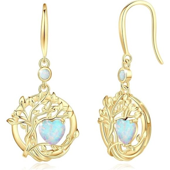 Yellow gold-10-opal Tree of Life Emblem 925 Silver Dainty Round Gemstone Earring